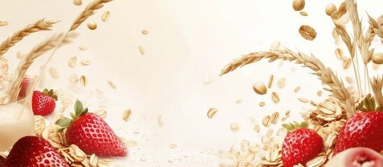 Aufkleber - Strawberries and oats scattered on a soft beige background with copy space for text placement