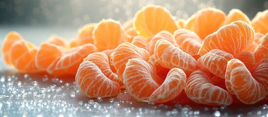 Aufkleber - Fresh Mandarin Orange Segments on Reflected Surface with Copy Space for Text