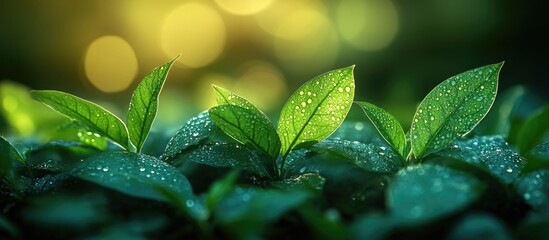 Poster - Close-up of green leaves with water droplets on them surrounded by a blurred green and yellow background Copy Space