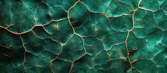 Fototapete - Cracked teal surface texture with intricate lines and patterns ideal for backgrounds Copy Space