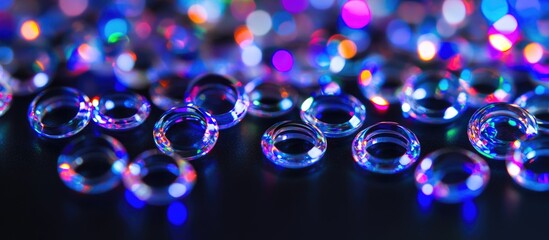 Poster - Colorful abstract background with sparkling glass beads and bokeh on dark surface Copy Space