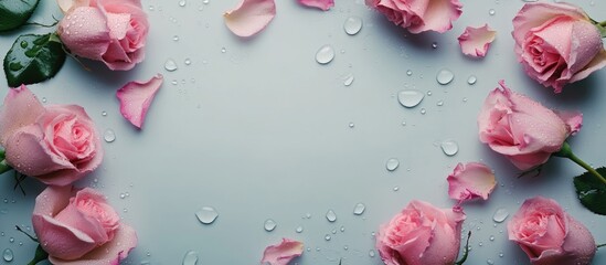 Poster - Pink roses with petals and water droplets on a light background creating a floral frame with Copy Space for text