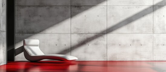 Aufkleber - Modern minimalist interior with white chaise lounge against gray concrete wall and red floor with copy space for text.