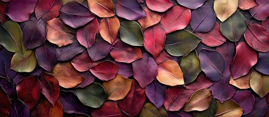 Poster - Colorful autumn leaves overlapping in a dense pattern for background texture and design with Copy Space.