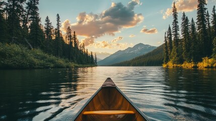 Poster - Canoe view on tranquil lake surrounded by pine trees at sunset with mountains in the background and reflective water Copy Space