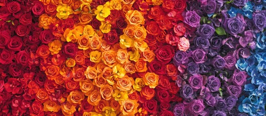 Poster - Colorful gradient of roses in red, orange, purple, and blue hues arranged in a vibrant floral display with Copy Space for text insertion