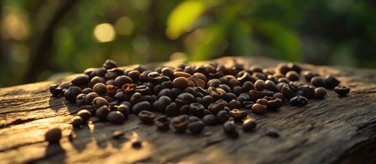 Aufkleber - Coffee beans scattered on a wooden surface with soft natural light and blurred green background Copy Space