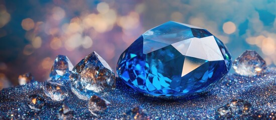 Poster - Blue gemstone on shimmering surface with smaller crystals and bokeh background, Copy Space