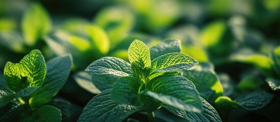Poster - Fresh green mint leaves with detailed texture illuminated by soft light natural background with copy space