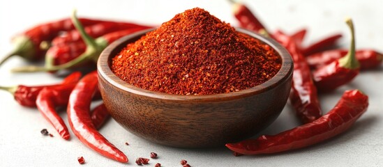 Aufkleber - Spicy red chili powder in a wooden bowl with fresh red chili peppers on a light background Copy Space