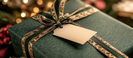 Poster - Christmas gift box with blank tag and decorative ribbon on blurred festive background with bokeh lights Copy Space