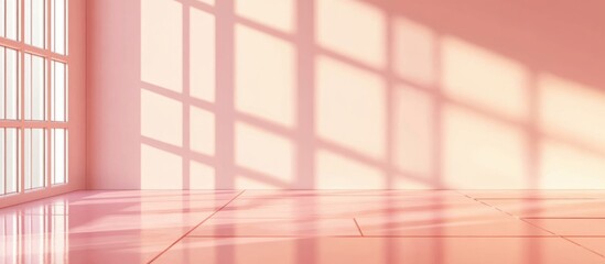 Leinwandbilder - Interior space with pink walls and floor featuring geometric shadow patterns from windows, ideal for backdrops or design projects, Copy Space