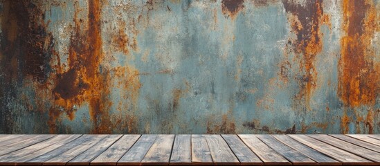 Poster - Rusty textured wall with weathered wooden tabletop and ample copy space for text placement