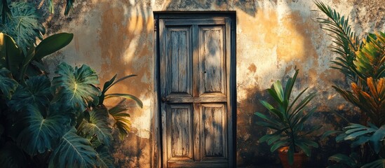 Poster - Wooden door with natural foliage and textured wall background