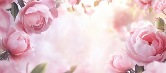 Poster - Pink roses in soft focus with copy space for text background, ideal for floral designs and romantic themes
