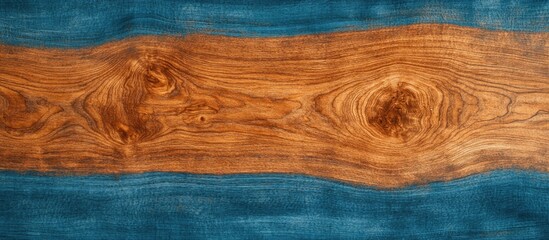 Poster - Wood grain texture with blue epoxy resin fill showcasing natural patterns and organic colors Copy Space