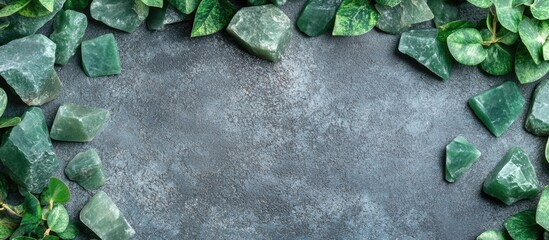 Poster - Green stone pieces and leaves arranged on a textured dark surface with Copy Space for text placement