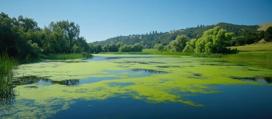 Poster - Lush green river landscape with algae and reflections under clear blue sky Copy Space