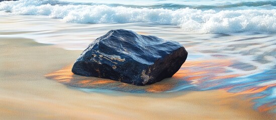 Poster - Large black rock on wet sandy beach with soft waves and colorful reflections during low tide Copy Space