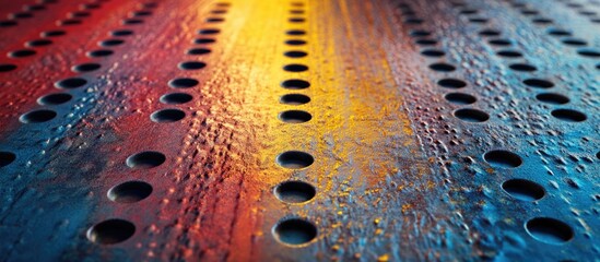  - Colorful industrial metal surface with perforated holes and abstract gradient patterns, Copy Space