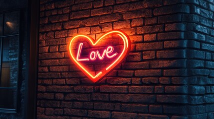 Poster - Neon love sign in heart shape glowing against brick wall with copy space for text