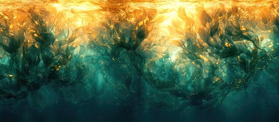 Aufkleber - Underwater abstract scene with golden light reflections and aquatic vegetation in turquoise waters, Copy Space available.