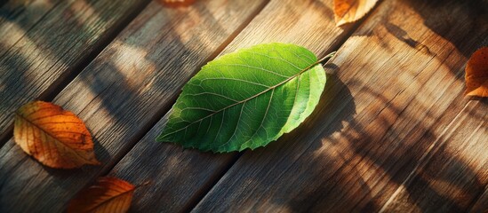 Aufkleber - Green leaf resting on wooden surface surrounded by autumn leaves with natural lighting and texture Copy Space