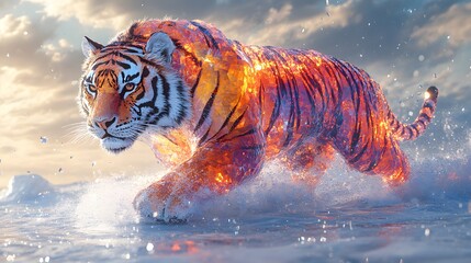 Poster - Tiger crafted from shimmering crystal facets roams a glittering tundra with its paws leaving delicate cracks in the snow all under a sky filled with geometric clouds and vibrant fractal patterns