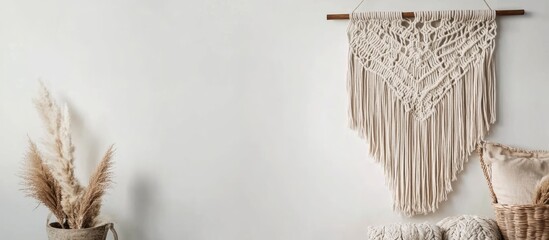 Poster - Macrame wall hanging with natural fibers and decorative elements on a textured wall with copy space for text.