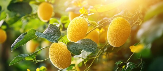 Poster - Yellow melons growing on vines in a sunny garden with green leaves and soft sunlight Copy Space