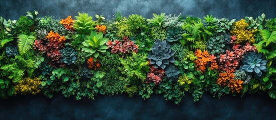 Aufkleber - Lush vertical garden with various succulents and foliage on textured dark background with Copy Space for text placement