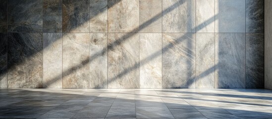 Poster - Sunlit concrete wall and floor texture with geometric shadows and copy space