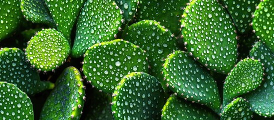 Poster - Close-up of green cactus pads covered in water droplets with high detail and texture Copy Space