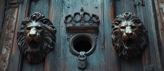 Poster - Vintage wooden door with bronze lion head knocker and crown detail featuring a circular mail slot and textured wood surface Copy Space