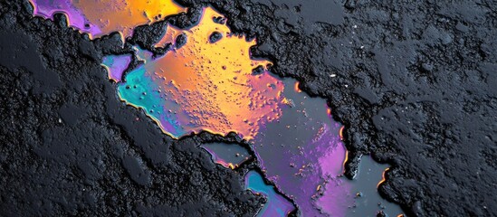 Poster - Oil slick on asphalt with rainbow iridescent colors and textures, abstract background with copy space.