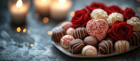 Poster - Chocolate pralines and decorative roses on a plate with candles in the background Copy Space