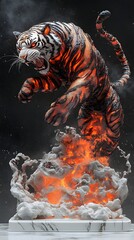 Poster - Tiger made of burning coal leaps midair its cracked surface glowing red and orange Smoky textures swirl around it roaring fiercely all set on a white marble base dark background