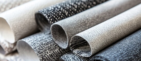 Poster - Textured fabric rolls in neutral colors arranged in a stack with Copy Space for design use.