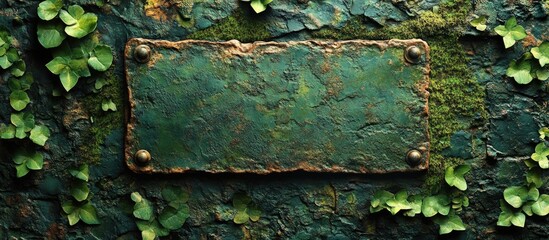 Poster - Rustic green metal plaque surrounded by moss and ivy leaves natural background with copy space for text insertion