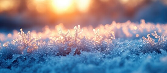 Aufkleber - Frosty grass and ice crystals illuminated by warm sunlight during winter evening with Copy Space