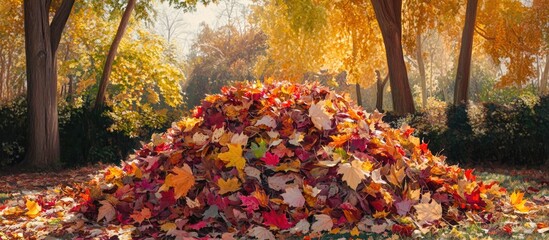 Poster - Colorful autumn leaves piled on the ground with trees in the background showcasing fall colors and sunlight Copy Space