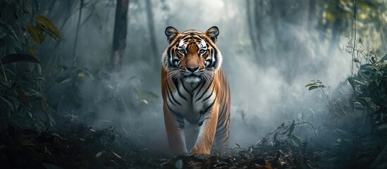 Poster - Close-up of a Bengal tiger walking through a foggy forest with greenery and mist, focused expression, Copy Space.