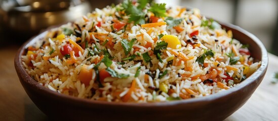 Poster - Bowl of colorful vegetable rice dish garnished with fresh herbs on wooden surface with Copy Space