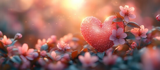 Fototapete - Heart-shaped ornament with sparkling texture surrounded by pink flowers and soft sunlight in a garden setting with Copy Space.