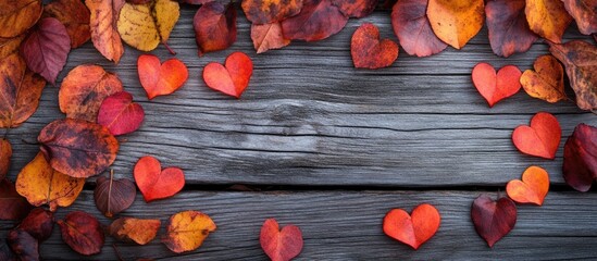 Poster - Autumn leaves and heart shapes arranged on a wooden surface with Copy Space for text placement