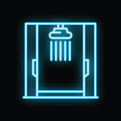 Poster - Blue neon sign depicting a shower stall with running water against a black background, perfect for designs related to hygiene, bathrooms, and relaxation