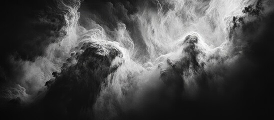Poster - Majestic dark clouds swirling in a dynamic pattern with high contrast monochrome tones and Copy Space for text placement.