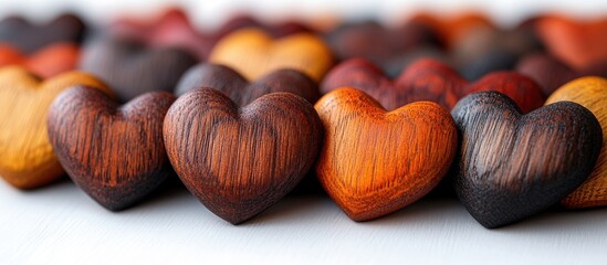 Poster - Colorful wooden heart shapes arranged closely together on a white background with Copy Space for text placement