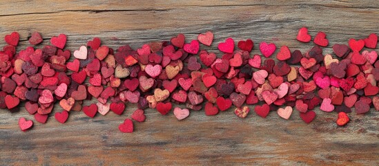 Aufkleber - Colorful heart-shaped decorations arranged on rustic wooden background with Copy Space for text placement