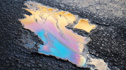 Poster - Oil slick reflected on wet asphalt pavement with vibrant rainbow colors and texture Copy Space